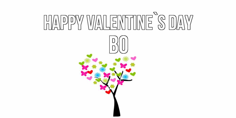 Greetings card с именем, Bo Happy Valentine`s Day дерево из бабочке и сердечек Greetings with text for free download 
